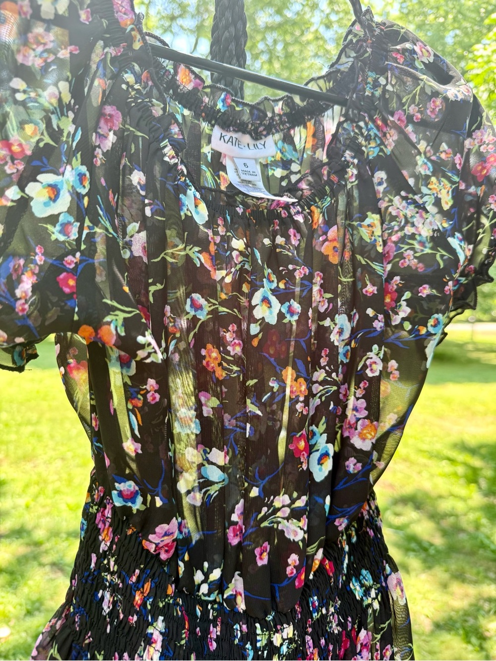 Smocked Black Floral Maxi Dress with Puff Sleeves - Picture 6 of 7